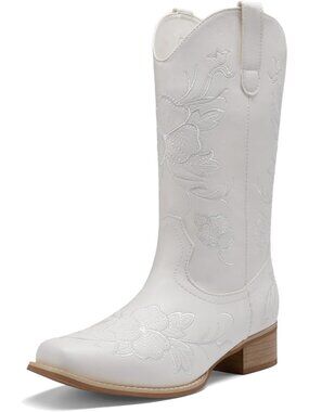 Women's White Western Cowboy Boots Square Toe Embroidered Mid Calf Boots